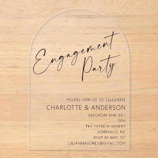 Modern Minimal Arch Black Script Engagement Party Acryl Uitnodigingen (Voorkant)