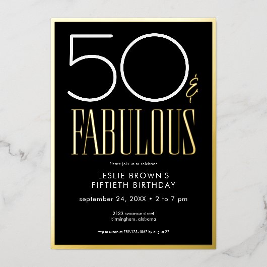 Modern Minimal Black Fifty & Fabulous Birthday Folie Uitnodiging (Voorkant)