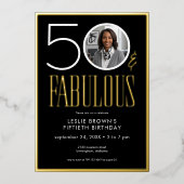 Modern Minimal Black Fifty Fabulous Photo Birthday Folie Uitnodiging (Voorkant)