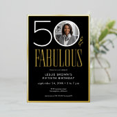 Modern Minimal Black Fifty Fabulous Photo Birthday Folie Uitnodiging (Staand Voorkant)