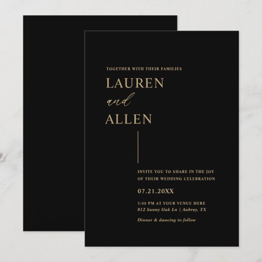 Modern Minimal Black Gold Wedding Kaart (Voorkant / Achterkant)