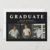 Modern Minimal Black & White 3 Foto Afstuderen Kaart (Voorkant)