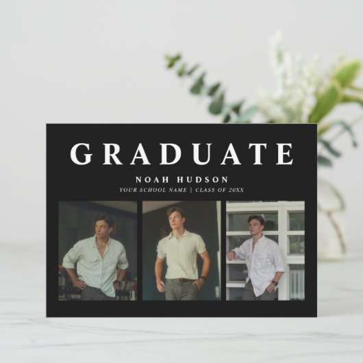 Modern Minimal Black & White 3 Foto Afstuderen Kaart (Staand voorkant)