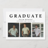 Modern Minimal Black & White 3 Foto Afstuderen Kaart (Voorkant)