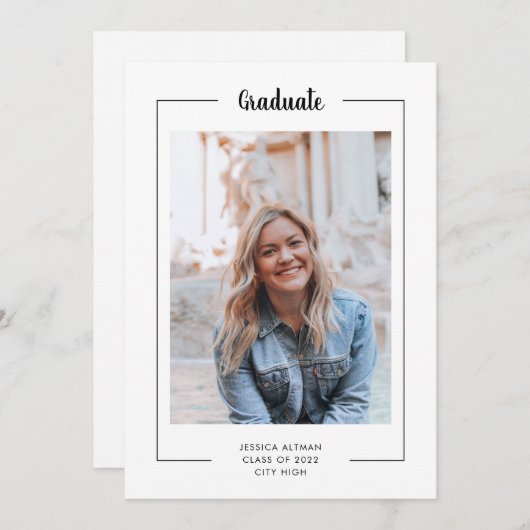 Modern Minimal Black White Script Photo Afstuderen (Voorkant / Achterkant)