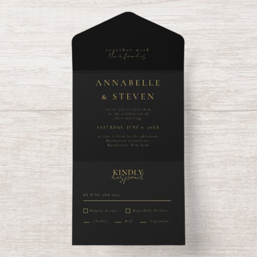 Modern Minimal  Black White Wedding Foil All In One Uitnodiging (Binnenkant)