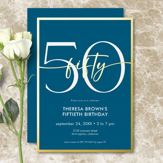 Modern Minimal Blauwgroen Fifty Script Verjaardag Folie Uitnodiging