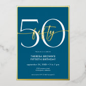 Modern Minimal Blauwgroen Fifty Script Verjaardag Folie Uitnodiging (Voorkant)