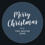 Modern Minimal Blue Merry Christmas Family Classic Ronde Sticker<br><div class="desc">Neem contact met me op als je hulp nodig hebt.</div>