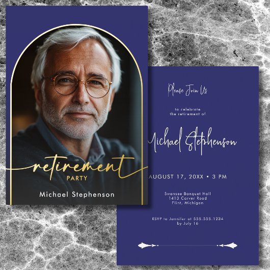 Modern Minimal Blue Pensioen Partij Folie Uitnodiging