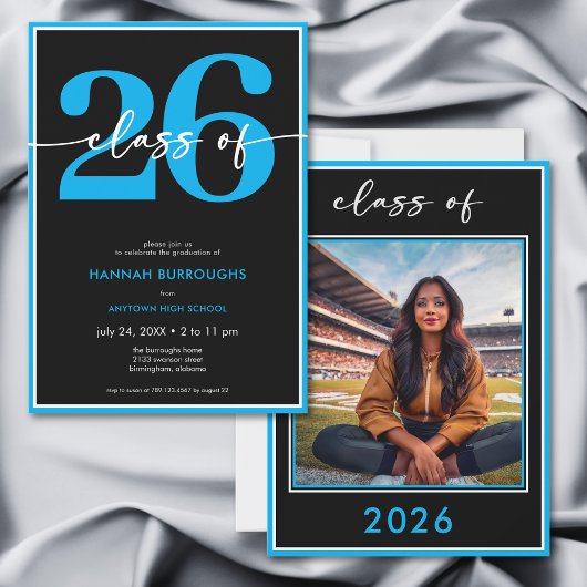 Modern Minimal Blue Script Graduation Party Kaart