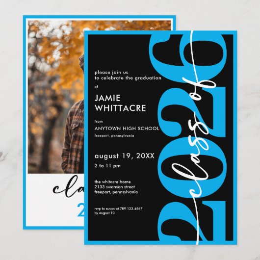 Modern Minimal Blue Typography Graduation Party Kaart (Voorkant / Achterkant)