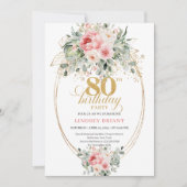 Modern Minimal Blush Floral 80th Birthday Invite  Kaart (Voorkant)