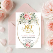 Modern Minimal Blush Floral 80th Birthday Invite  Kaart