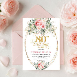Modern Minimal Blush Floral 80th Birthday Invite  Kaart