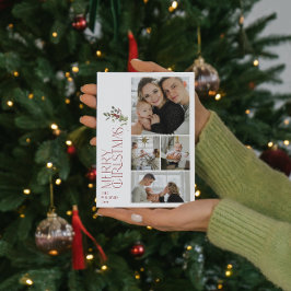 Modern Minimal Bourgogne Merry Typografie 4 Foto Feestdagenkaart