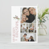 Modern Minimal Bourgogne Merry Typografie 4 Foto Feestdagenkaart (Staand voorkant)