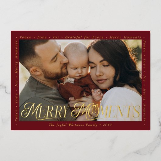 Modern Minimal Bow Merry Moments Photo Collage Foi Folie Feestdagenkaart (Voorkant)