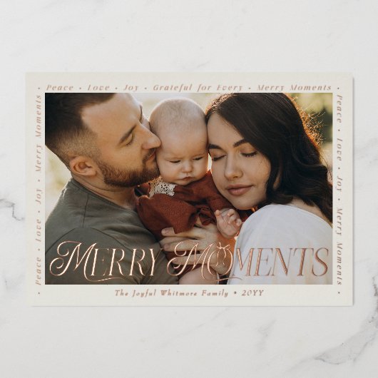 Modern Minimal Bow Merry Moments Photo Collage Folie Feestdagenkaart (Voorkant)