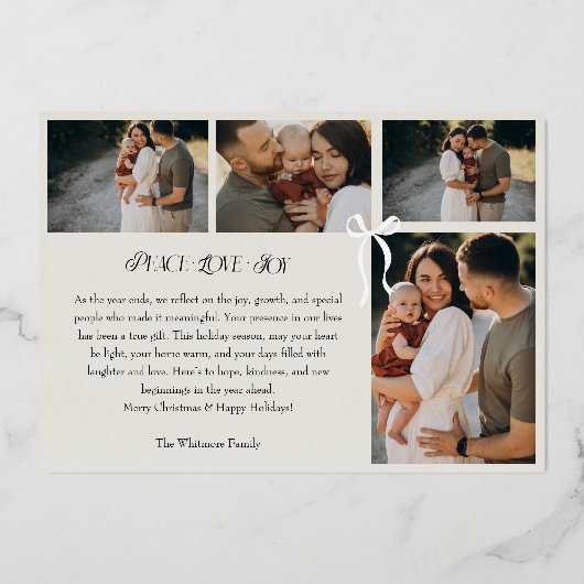 Modern Minimal Bow Merry Moments Photo Collage Folie Feestdagenkaart (Achterkant)