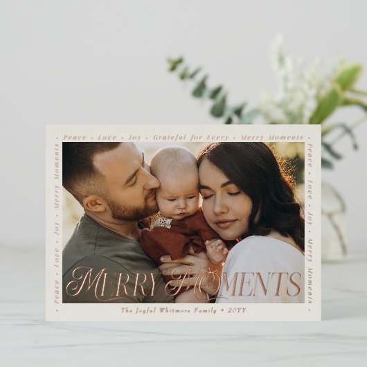 Modern Minimal Bow Merry Moments Photo Collage Folie Feestdagenkaart (Staand Voorkant)