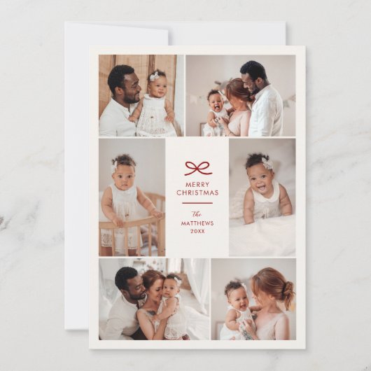 Modern Minimal Bow Six Photo Collage Christmas Feestdagenkaart (Voorkant)