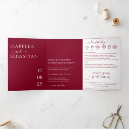Modern Minimal Burgundy All-in-One Wedding Drieluik Uitnodiging