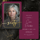 Modern Minimal Burgundy Photo Sixtieth Birthday Folie Uitnodiging