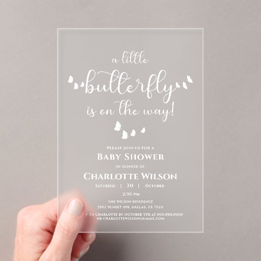 Modern Minimal Butterfly Calligraphy Baby shower Acryl Uitnodigingen (Insitu (Draagbaar))