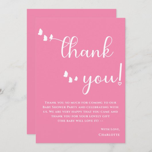 Modern Minimal Butterfly Calligraphy Baby shower Bedankkaart (Voorkant / Achterkant)