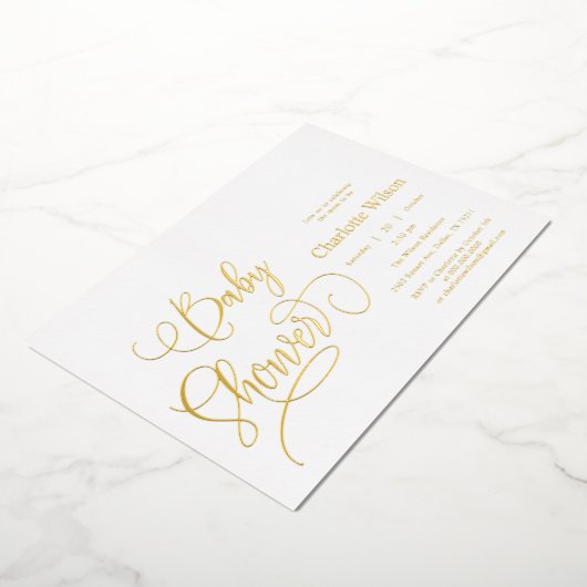 Modern Minimal Calligraphy Baby shower Folie Uitnodiging (Gedraaid)