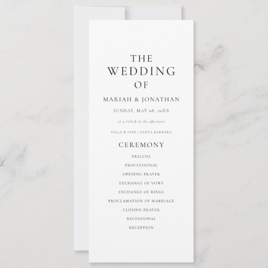 Modern Minimal Classic Wedding Program Kaart (Voorkant)