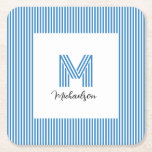 Modern Minimal Coastal Blue Stripes Monogram Kartonnen Onderzetters<br><div class="desc">Modern Minimal Coastal Blue Stripes Monogram Paper Coaster you can customize with your monogram and name.</div>