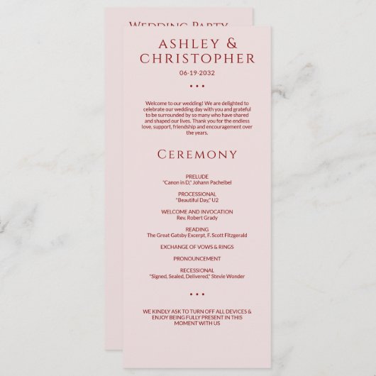 Modern Minimal Crimson & Roos Trouwceremonie Programmakaart (Voorkant / Achterkant)