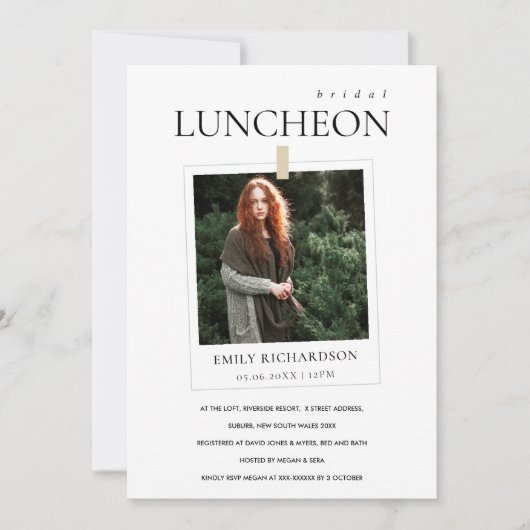 MODERN MINIMAL CUSTOM PHOTO BRIDAL LUNCHEON INVITE BEDANKKAART (Voorkant)