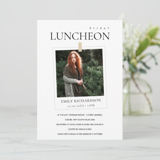 MODERN MINIMAL CUSTOM PHOTO BRIDAL LUNCHEON INVITE BEDANKKAART (Staand voorkant)