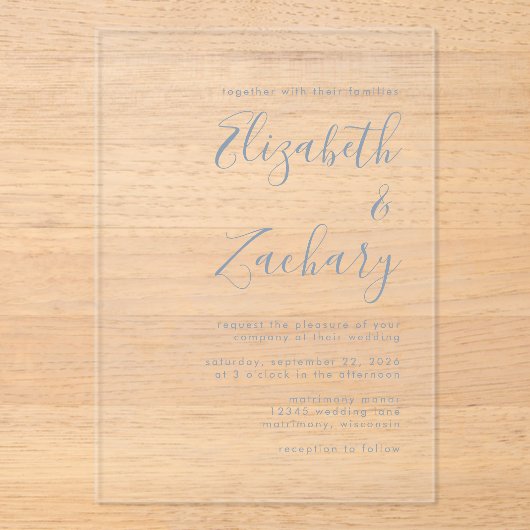 Modern Minimal Dusty Blue Script Wedding Acryl Uitnodigingen (Voorkant)