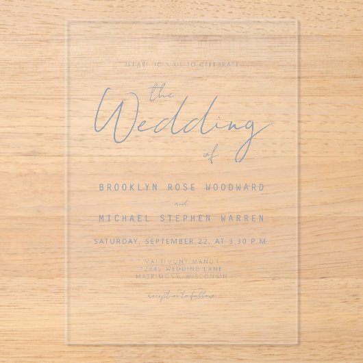 Modern Minimal Dusty Blue Script Wedding Acryl Uitnodigingen (Voorkant)