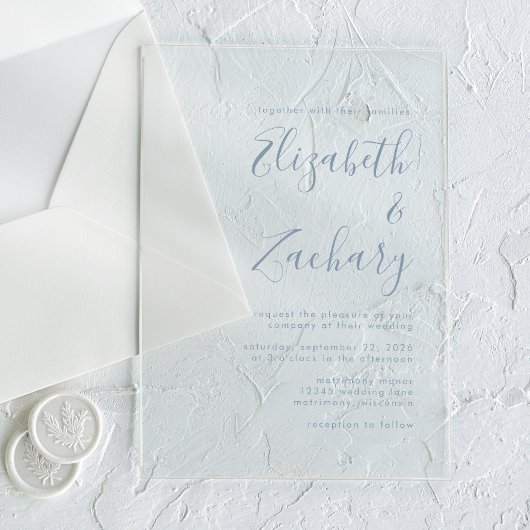 Modern Minimal Dusty Blue Script Wedding Acryl Uitnodigingen