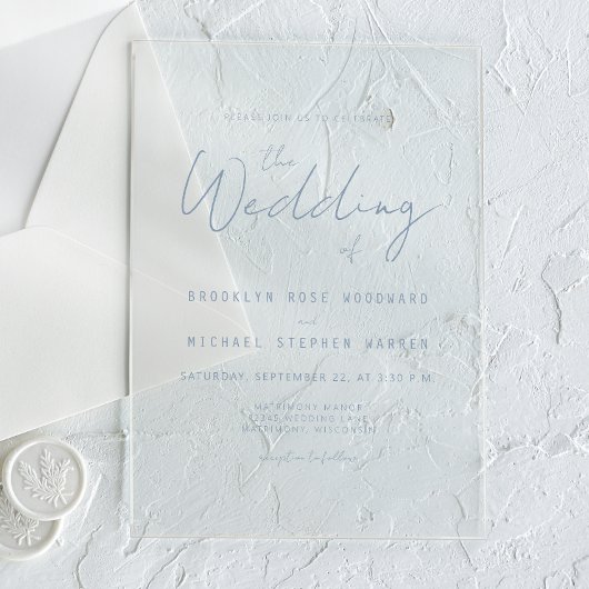 Modern Minimal Dusty Blue Script Wedding Acryl Uitnodigingen
