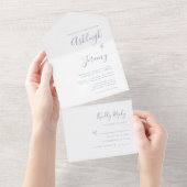 Modern Minimal Dusty Blue Script Wedding All In One Uitnodiging (Afscheurbaar)
