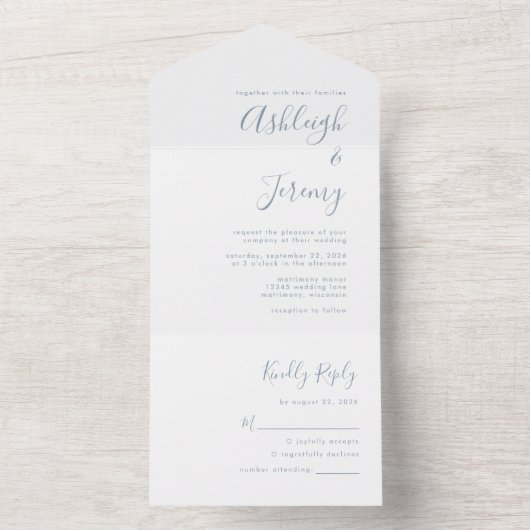 Modern Minimal Dusty Blue Script Wedding All In One Uitnodiging (Binnen)