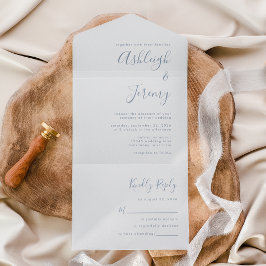 Modern Minimal Dusty Blue Script Wedding All In One Uitnodiging