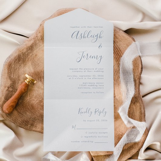 Modern Minimal Dusty Blue Script Wedding All In One Uitnodiging