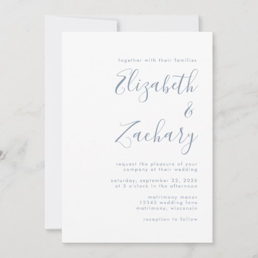 Modern Minimal Dusty Blue Script Wedding Kaart (Voorkant)