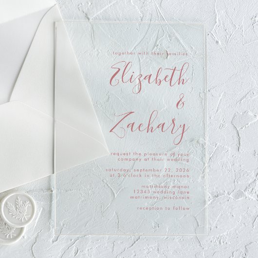 Modern Minimal Dusty Roos Script Wedding Acryl Uitnodigingen