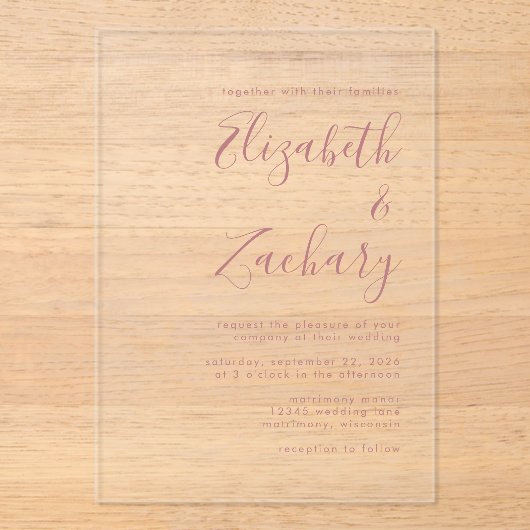 Modern Minimal Dusty Roos Script Wedding Acryl Uitnodigingen (Voorkant)