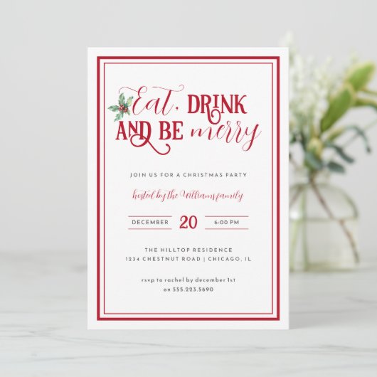 Modern Minimal Eat Drink Be Merry Christmas Party Kaart (Staand voorkant)