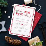 Modern Minimal Eat Drink Be Merry Christmas Party Kaart<br><div class="desc">Nodig geliefden uit voor uw kerstviering met onze kerstfeestuitnodiging. "Eet,  drink en wees vrolijk" wordt gepresenteerd in feestelijke typografie met een waterverf holly sprig. Uw partijdetails verschijnen in elegante typografie binnen een dubbele grens. De achterkant heeft een rode achtergrond versierd met witte handgetekende stippen.</div>