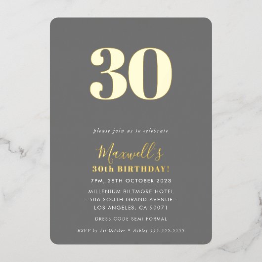 MODERN MINIMAL eenvoudige 30e verjaardag grijs Folie Uitnodiging (Voorkant)